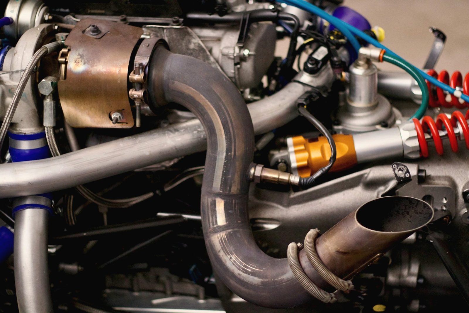 Turbo and exhaust piping in an engine bay
